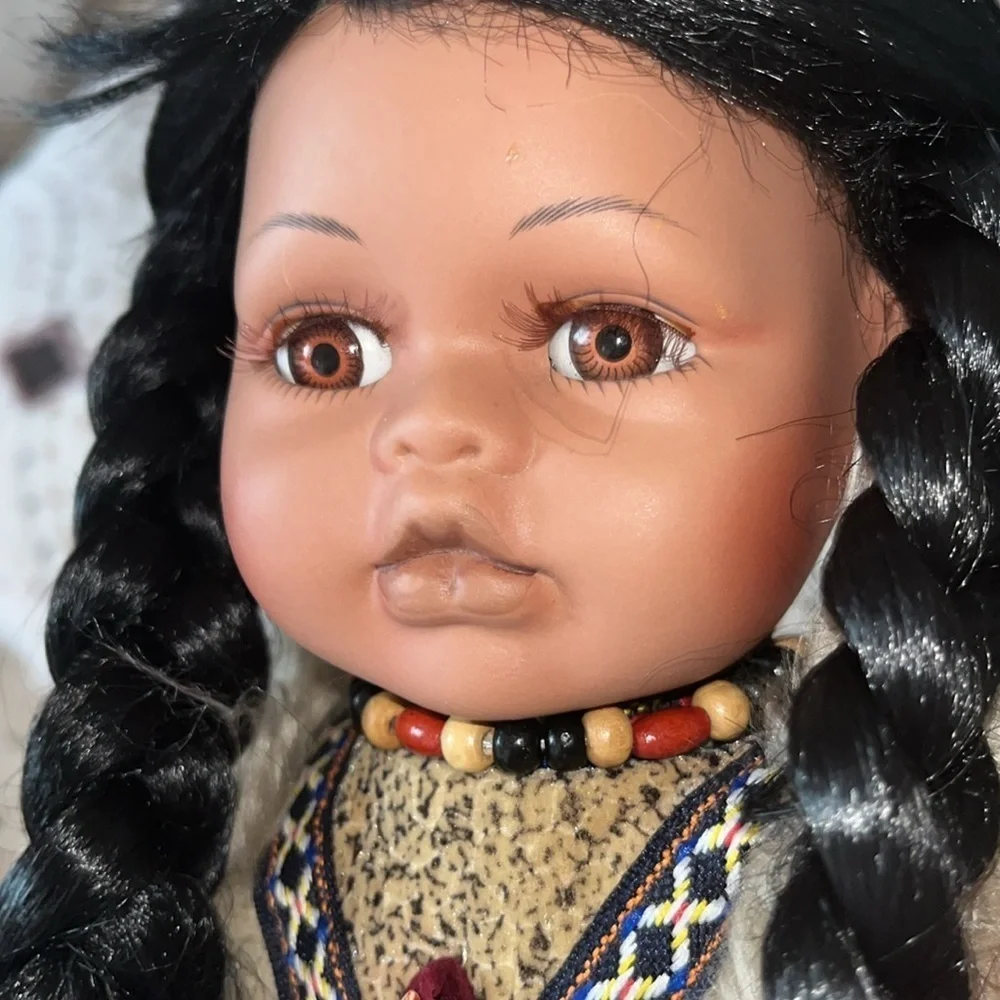 Indian girl porcelain and stuffed doll with costume 15 1/2”